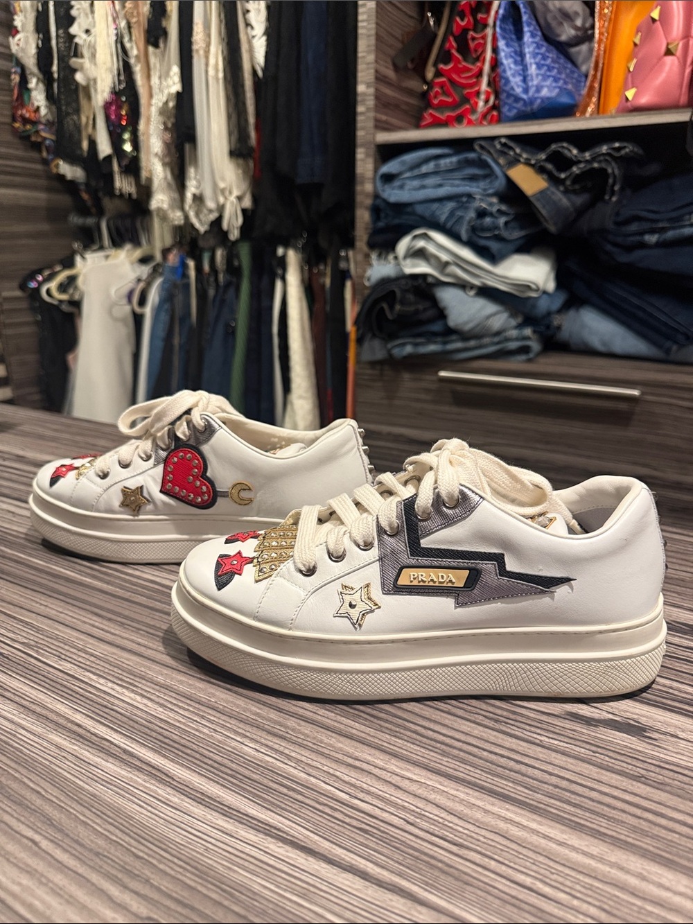 Prada White Leather Embellished Low-Top Sneakers with Red and Gold Accents
